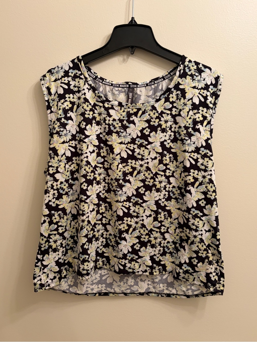 Steve Madden | Black Floral Sleeveless Blouse with Pale Yellow and White Flowers